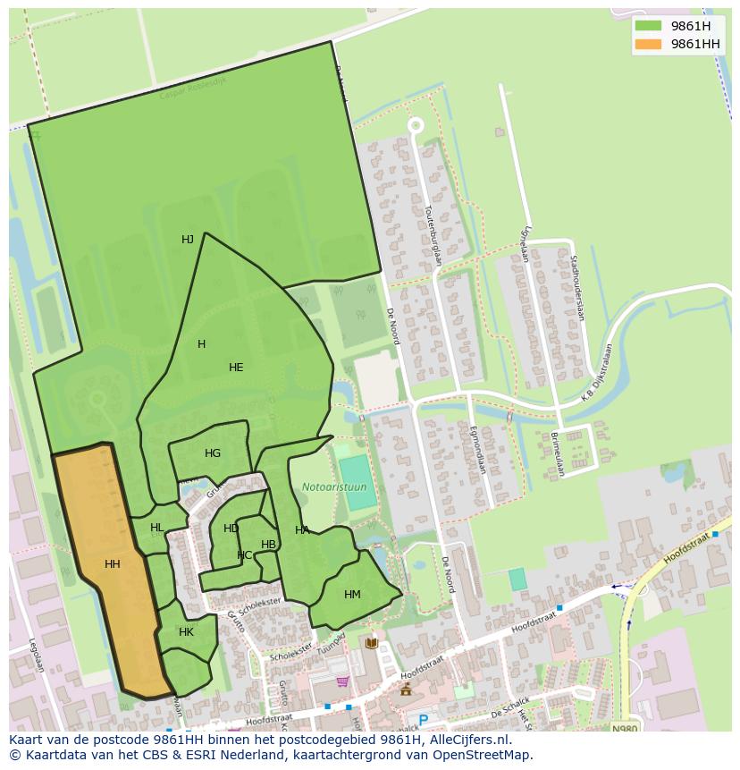Afbeelding van het postcodegebied 9861 HH op de kaart.
