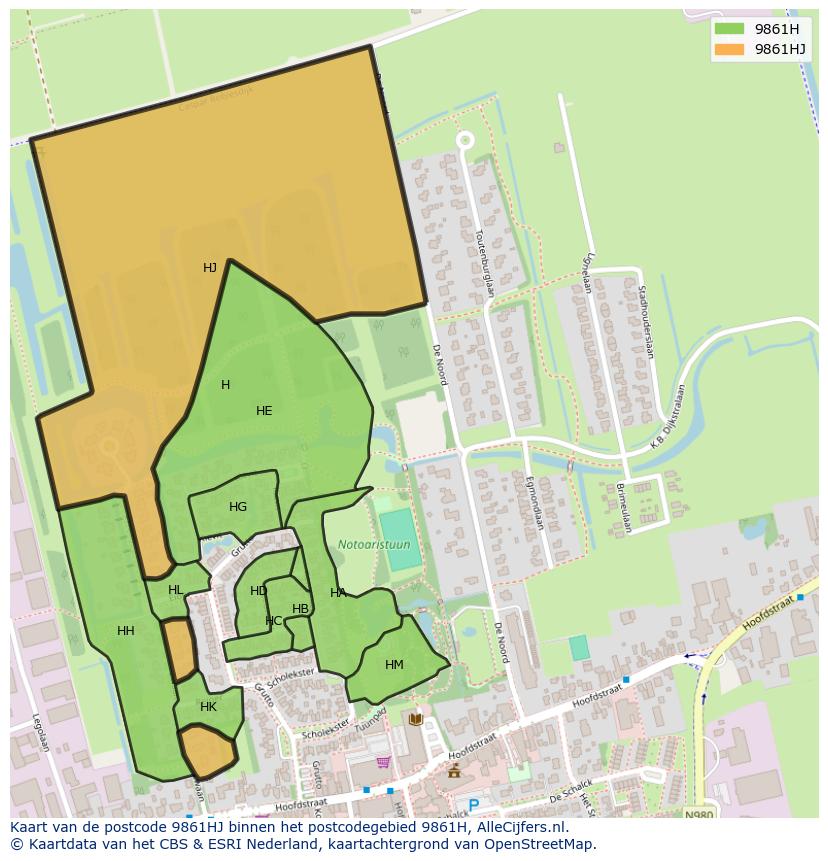 Afbeelding van het postcodegebied 9861 HJ op de kaart.