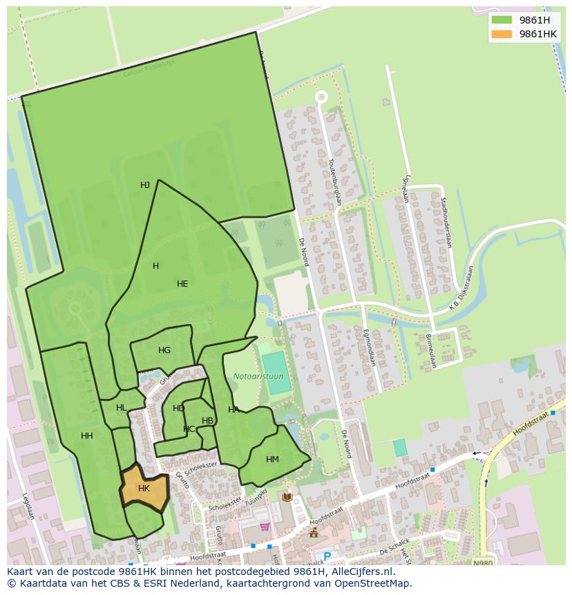 Afbeelding van het postcodegebied 9861 HK op de kaart.