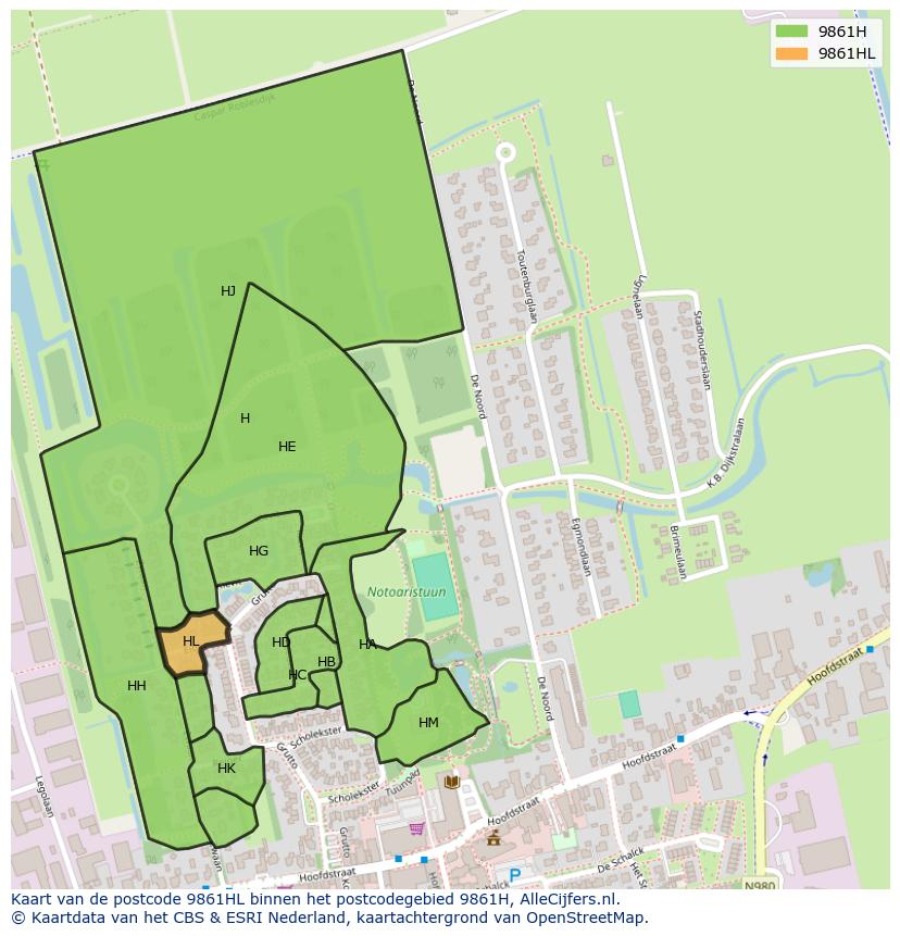 Afbeelding van het postcodegebied 9861 HL op de kaart.