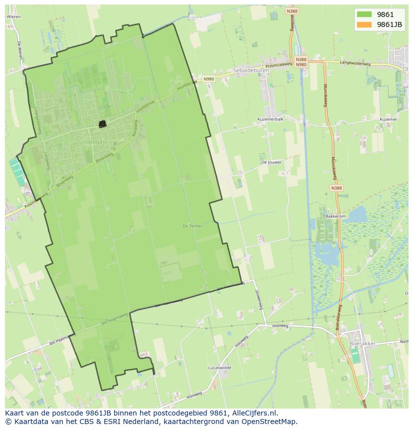 Afbeelding van het postcodegebied 9861 JB op de kaart.