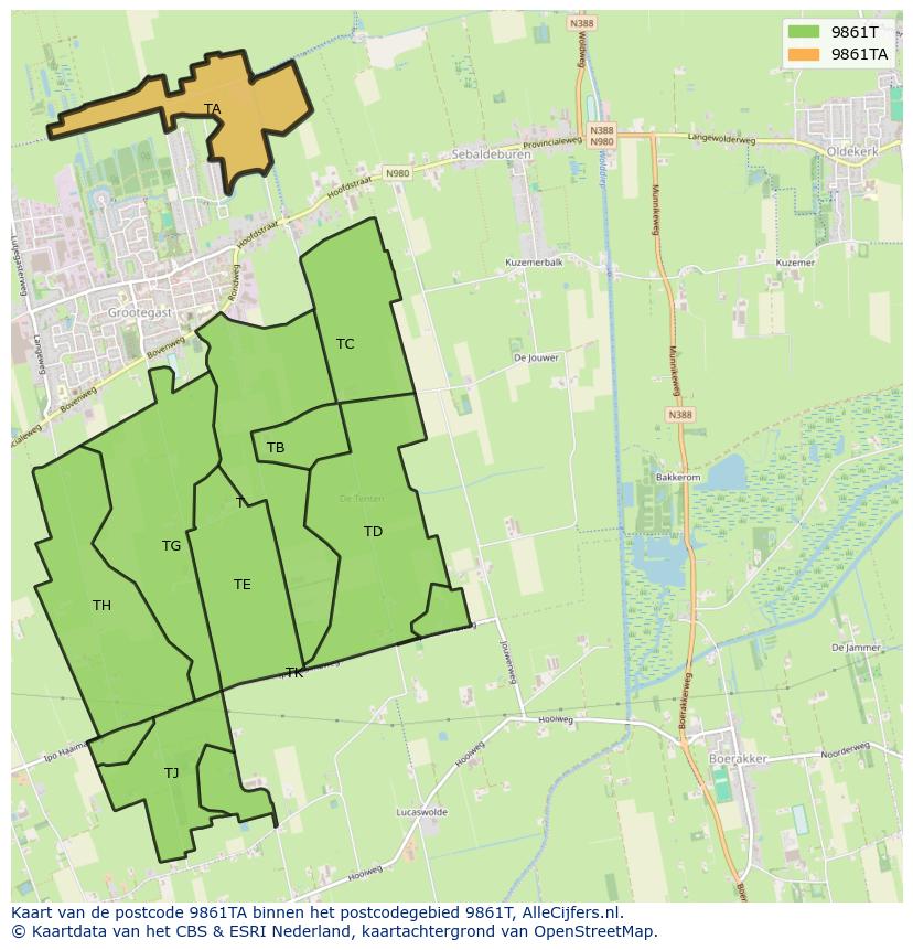 Afbeelding van het postcodegebied 9861 TA op de kaart.