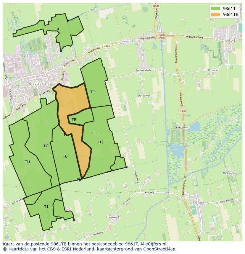 Afbeelding van het postcodegebied 9861 TB op de kaart.