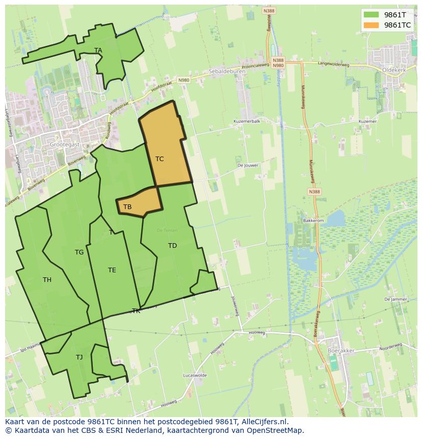 Afbeelding van het postcodegebied 9861 TC op de kaart.