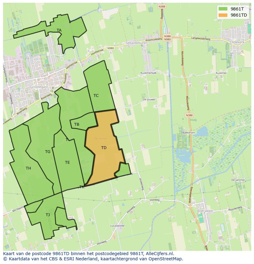 Afbeelding van het postcodegebied 9861 TD op de kaart.