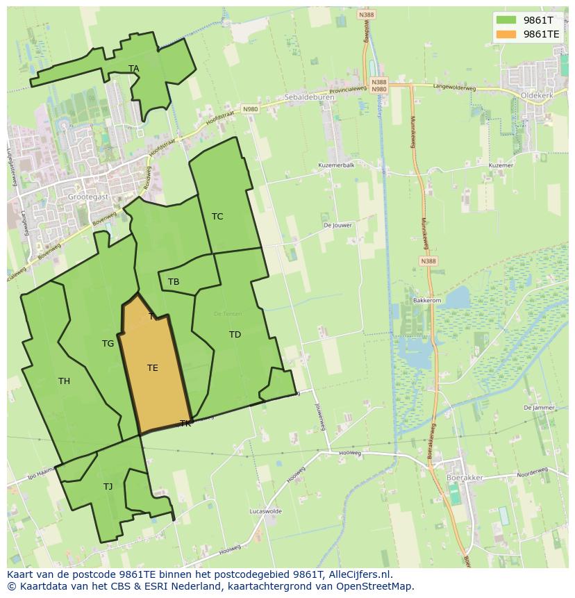 Afbeelding van het postcodegebied 9861 TE op de kaart.