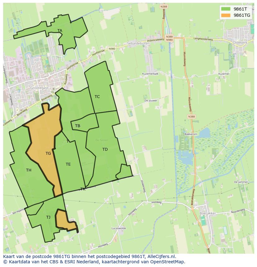 Afbeelding van het postcodegebied 9861 TG op de kaart.