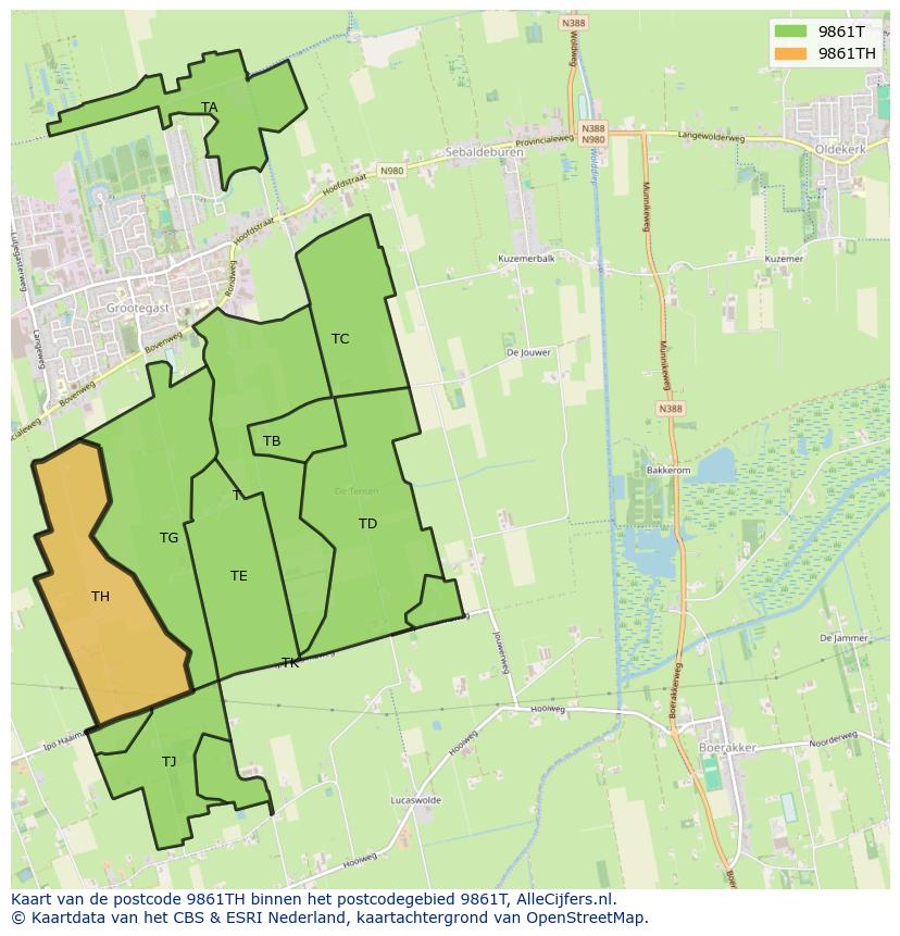 Afbeelding van het postcodegebied 9861 TH op de kaart.