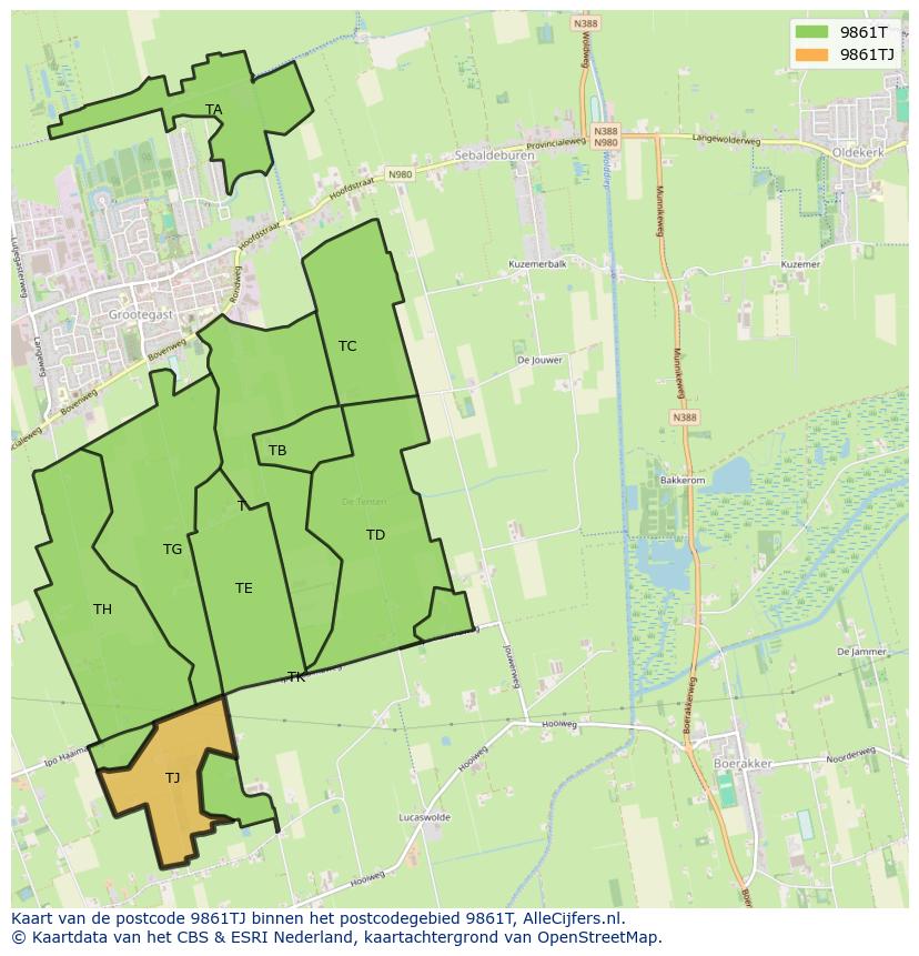 Afbeelding van het postcodegebied 9861 TJ op de kaart.