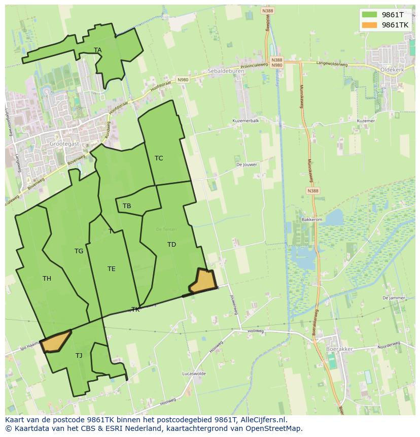 Afbeelding van het postcodegebied 9861 TK op de kaart.