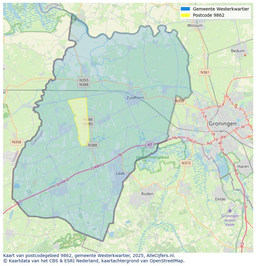 Afbeelding van het postcodegebied 9862 op de kaart.