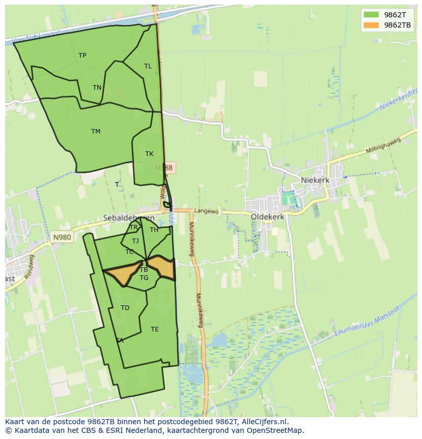 Afbeelding van het postcodegebied 9862 TB op de kaart.
