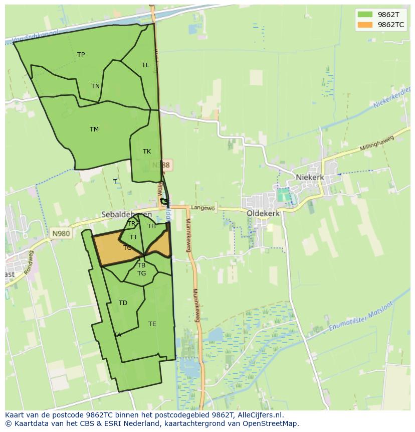 Afbeelding van het postcodegebied 9862 TC op de kaart.