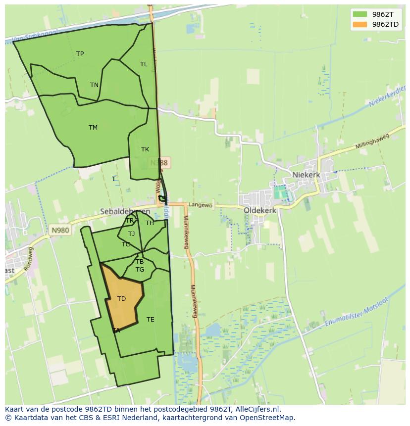 Afbeelding van het postcodegebied 9862 TD op de kaart.