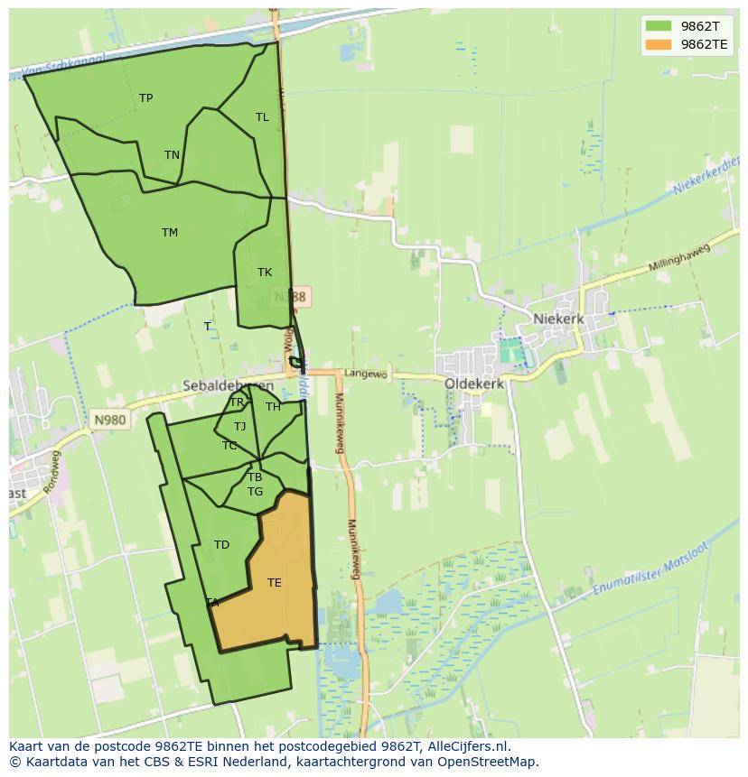 Afbeelding van het postcodegebied 9862 TE op de kaart.