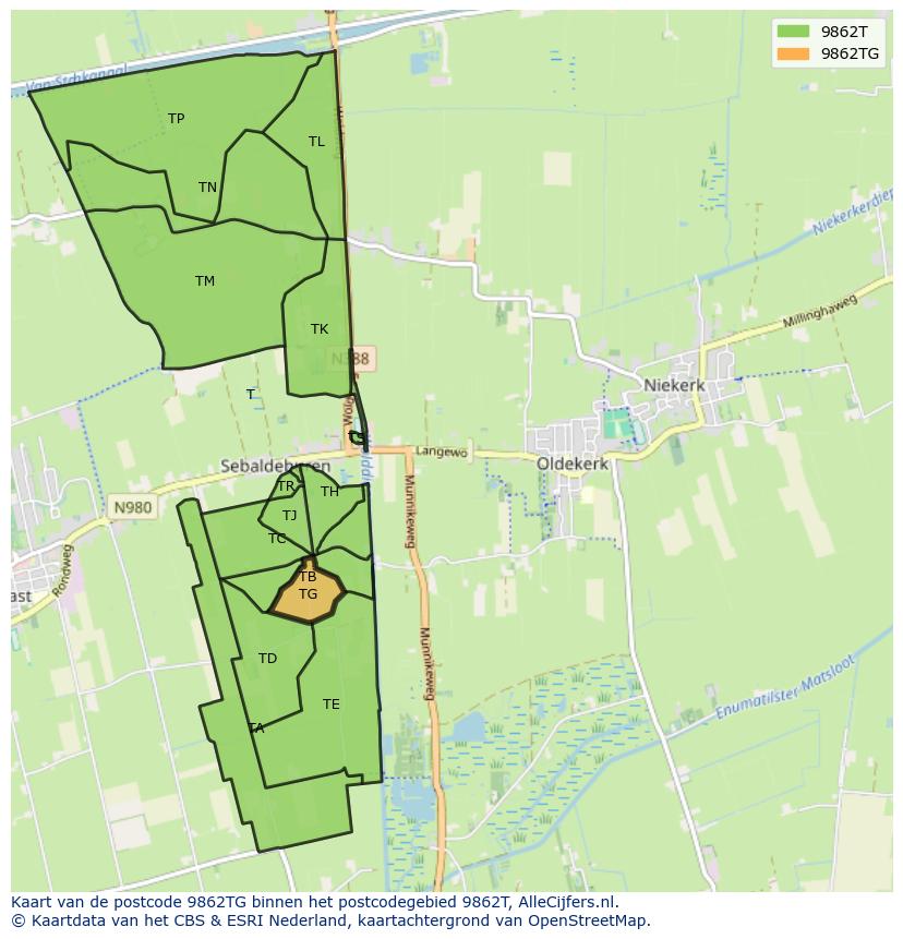 Afbeelding van het postcodegebied 9862 TG op de kaart.