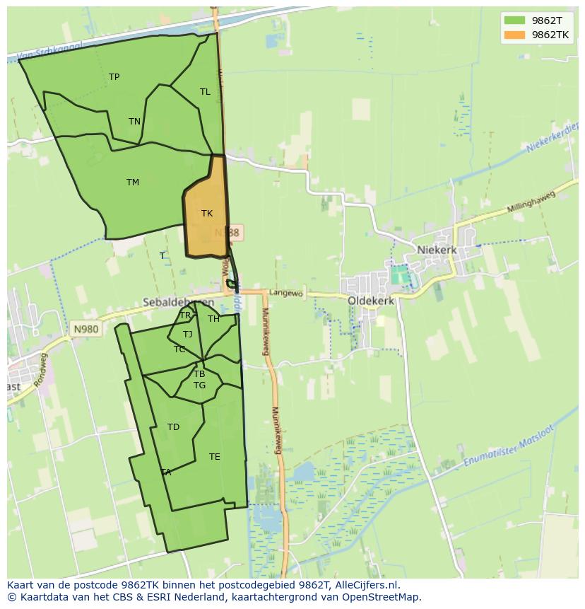 Afbeelding van het postcodegebied 9862 TK op de kaart.