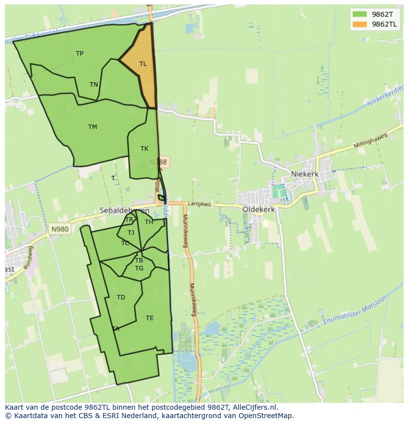 Afbeelding van het postcodegebied 9862 TL op de kaart.