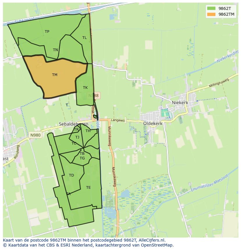 Afbeelding van het postcodegebied 9862 TM op de kaart.