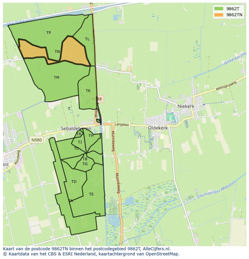 Afbeelding van het postcodegebied 9862 TN op de kaart.