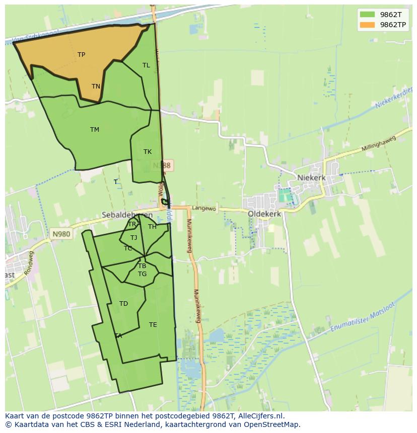 Afbeelding van het postcodegebied 9862 TP op de kaart.