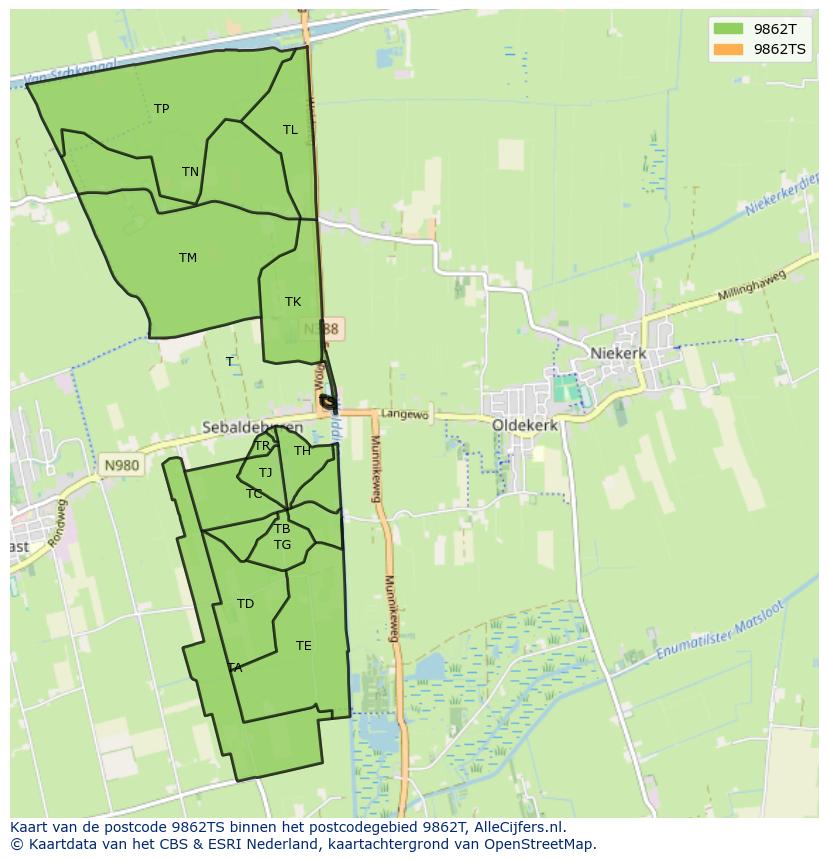 Afbeelding van het postcodegebied 9862 TS op de kaart.
