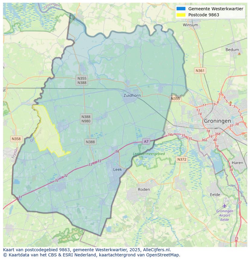 Afbeelding van het postcodegebied 9863 op de kaart.