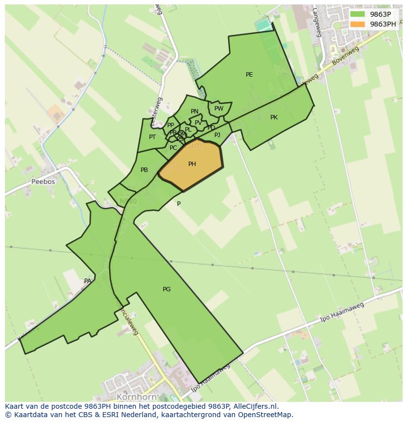 Afbeelding van het postcodegebied 9863 PH op de kaart.