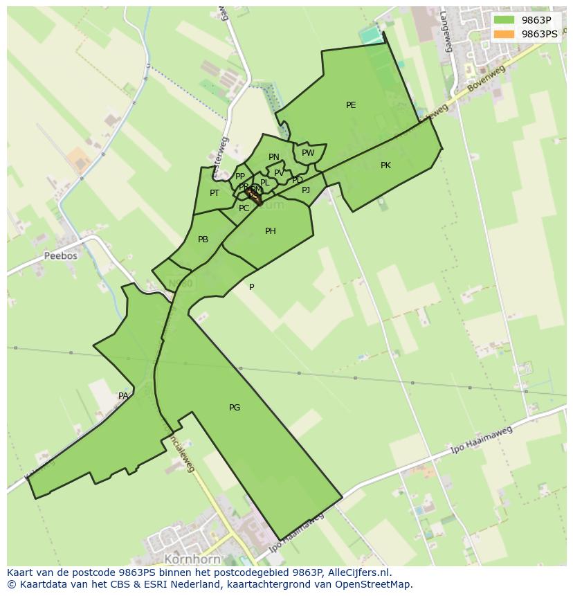 Afbeelding van het postcodegebied 9863 PS op de kaart.