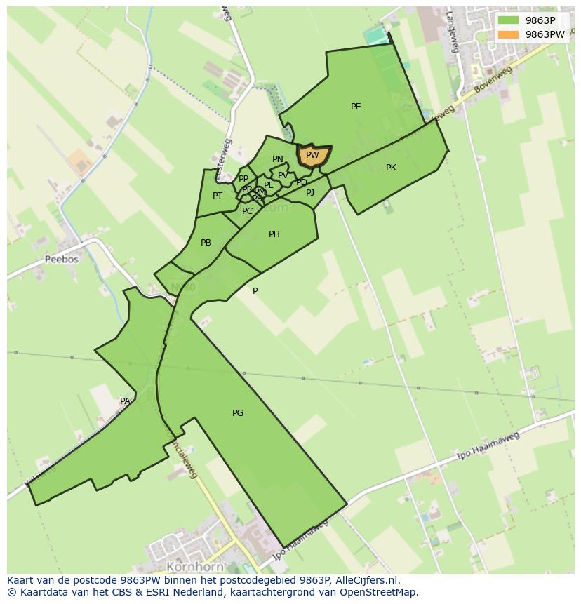 Afbeelding van het postcodegebied 9863 PW op de kaart.