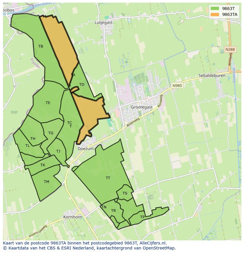 Afbeelding van het postcodegebied 9863 TA op de kaart.