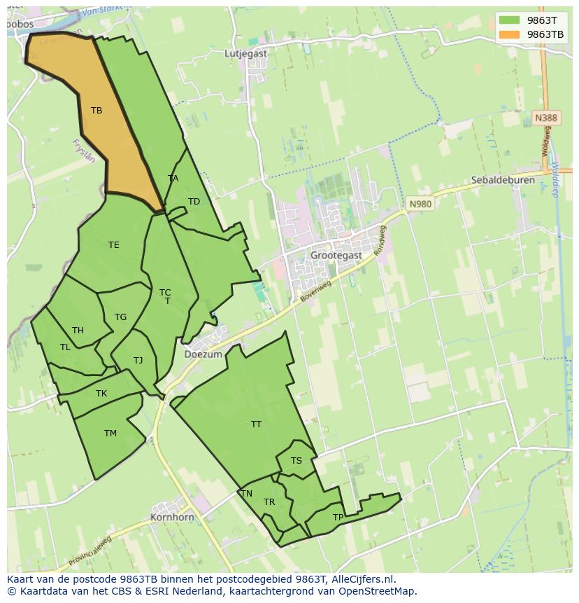 Afbeelding van het postcodegebied 9863 TB op de kaart.