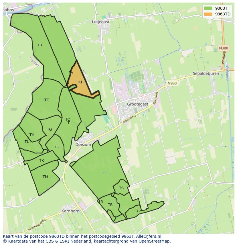 Afbeelding van het postcodegebied 9863 TD op de kaart.