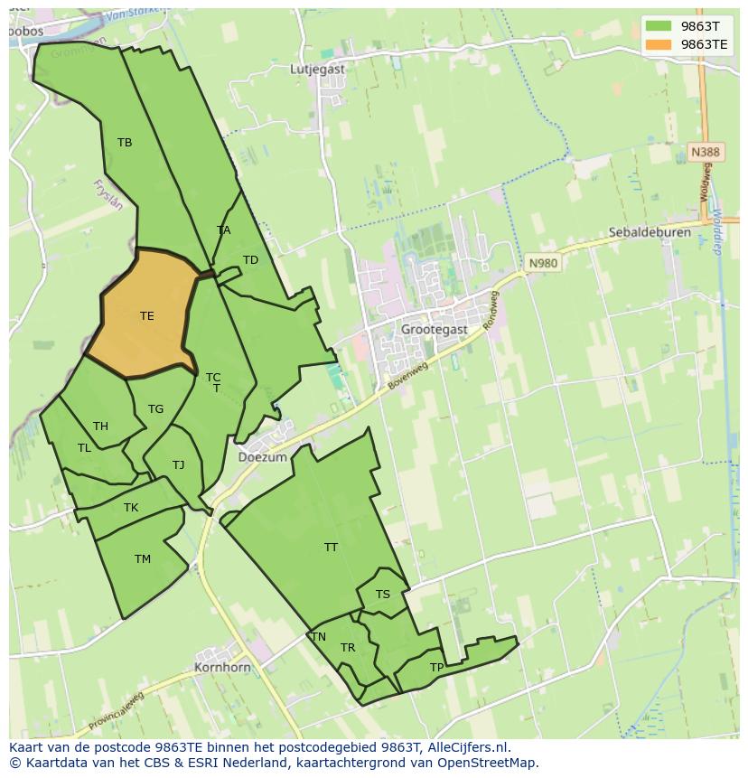 Afbeelding van het postcodegebied 9863 TE op de kaart.