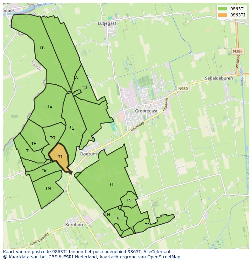 Afbeelding van het postcodegebied 9863 TJ op de kaart.