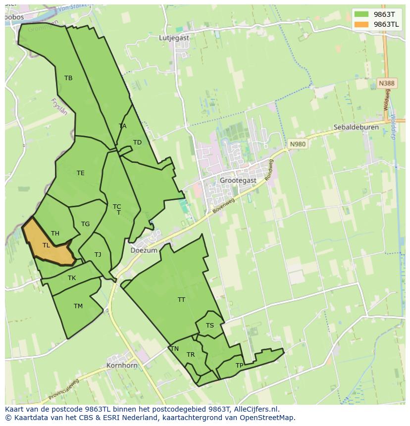 Afbeelding van het postcodegebied 9863 TL op de kaart.