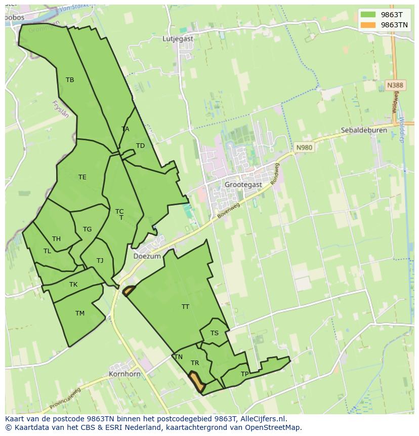 Afbeelding van het postcodegebied 9863 TN op de kaart.