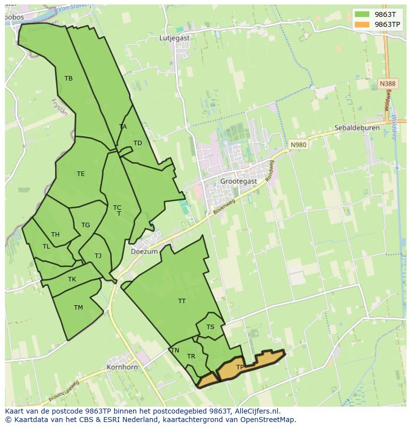 Afbeelding van het postcodegebied 9863 TP op de kaart.