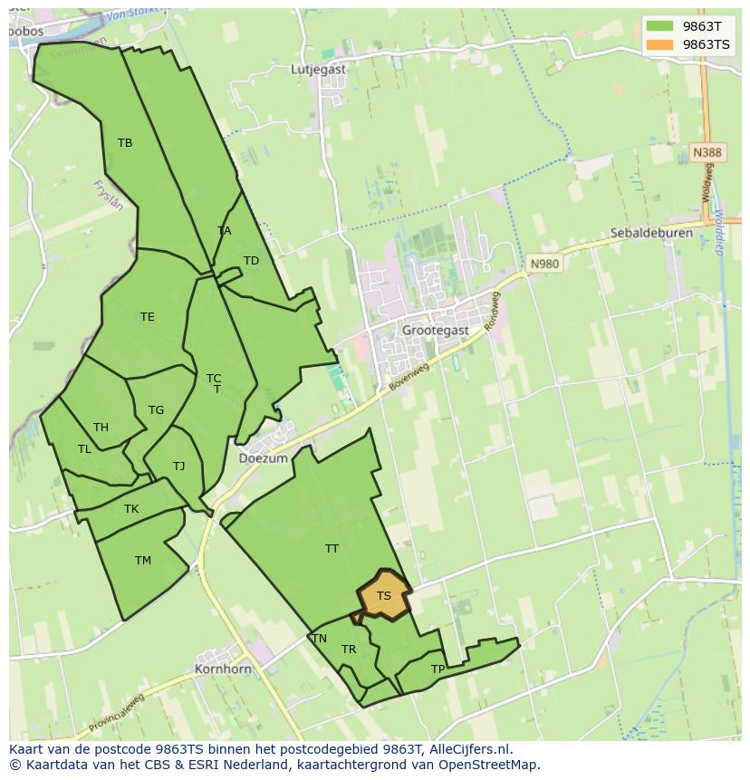 Afbeelding van het postcodegebied 9863 TS op de kaart.