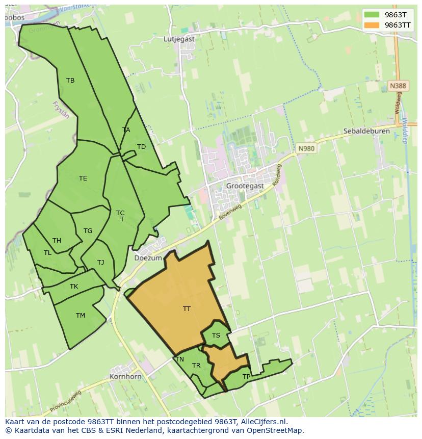 Afbeelding van het postcodegebied 9863 TT op de kaart.