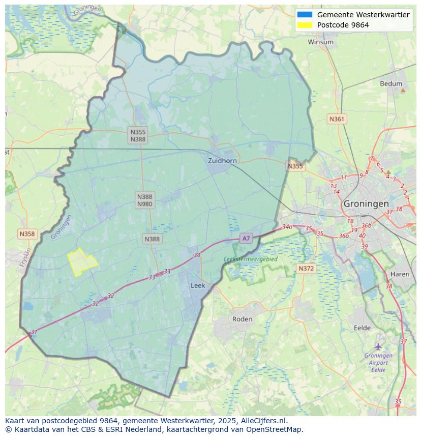 Afbeelding van het postcodegebied 9864 op de kaart.