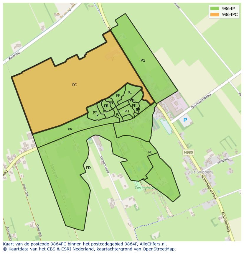 Afbeelding van het postcodegebied 9864 PC op de kaart.