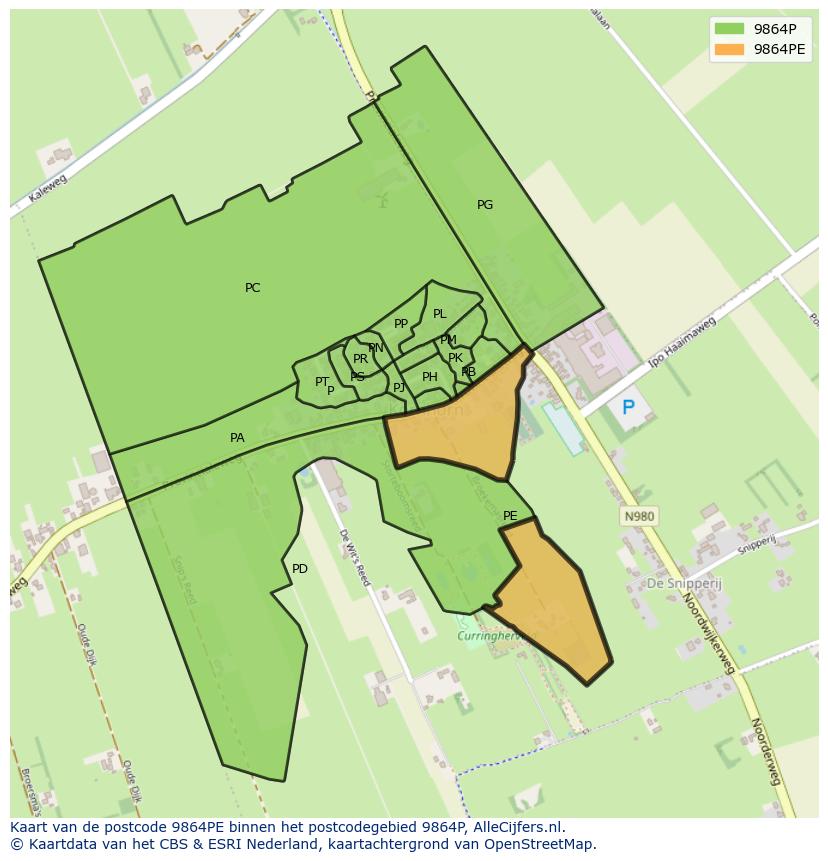Afbeelding van het postcodegebied 9864 PE op de kaart.