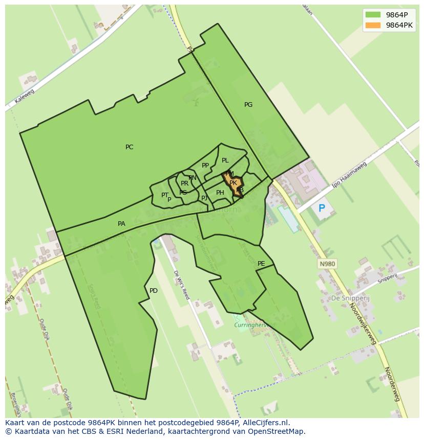 Afbeelding van het postcodegebied 9864 PK op de kaart.