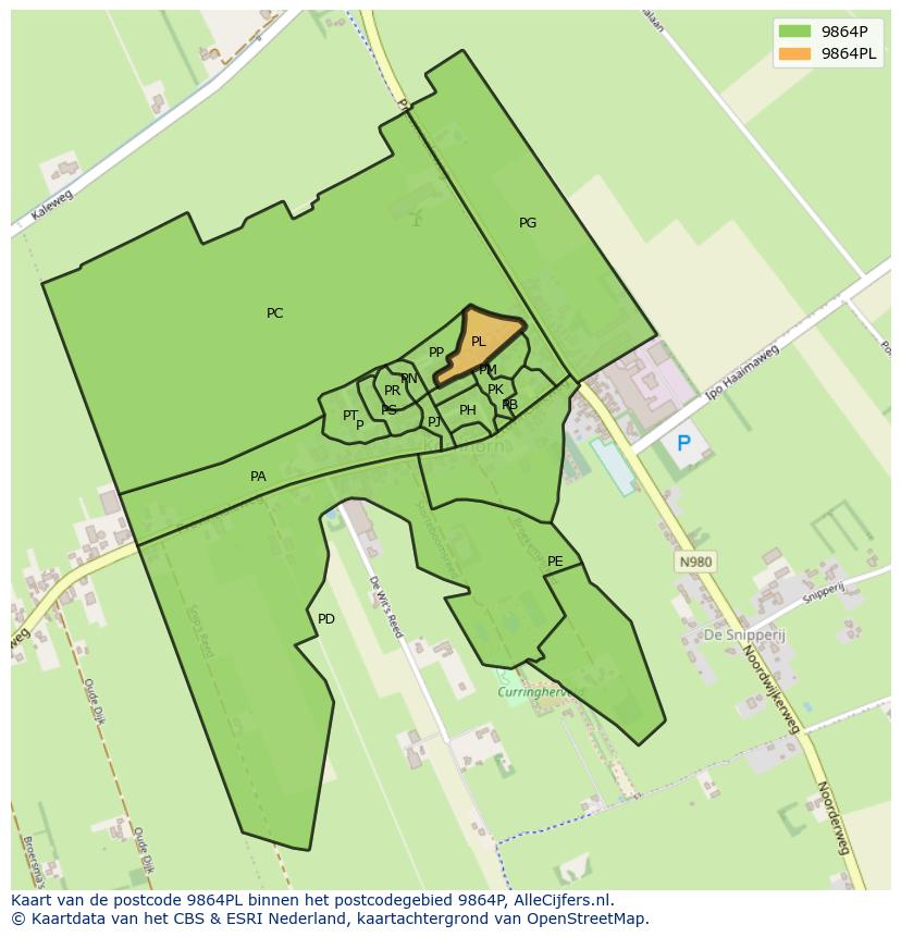 Afbeelding van het postcodegebied 9864 PL op de kaart.