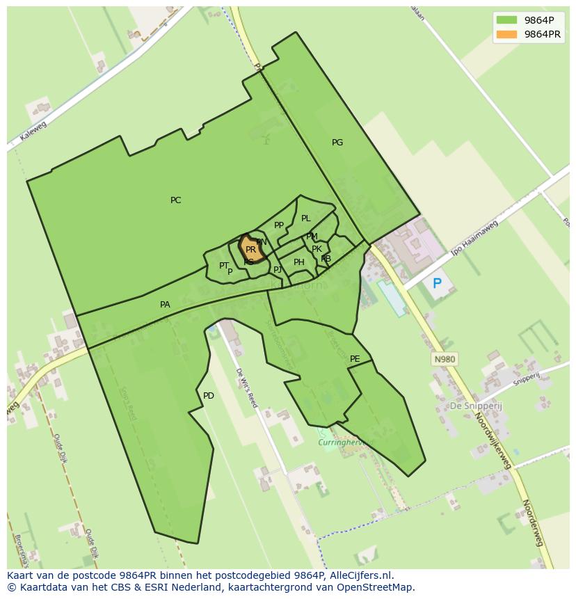 Afbeelding van het postcodegebied 9864 PR op de kaart.