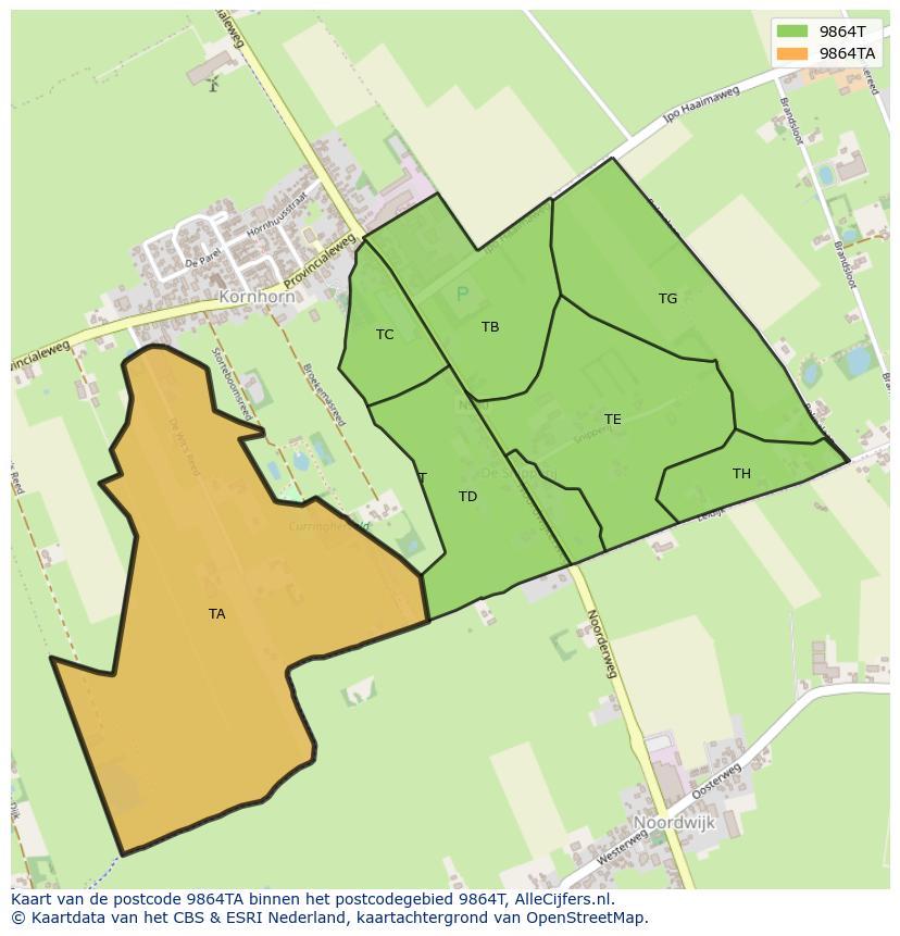 Afbeelding van het postcodegebied 9864 TA op de kaart.