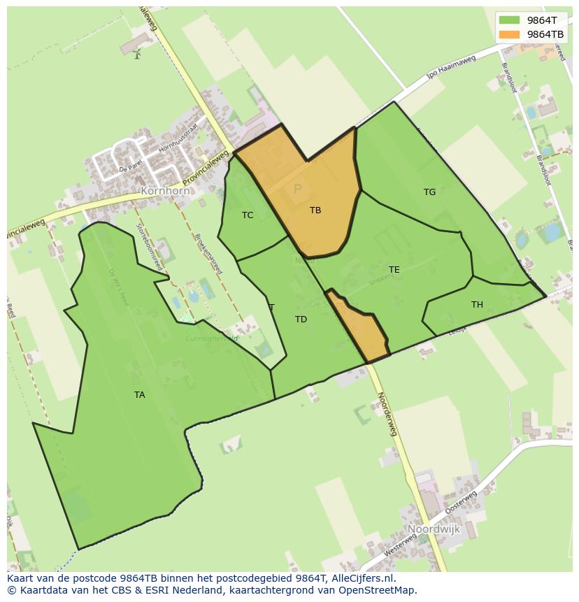 Afbeelding van het postcodegebied 9864 TB op de kaart.