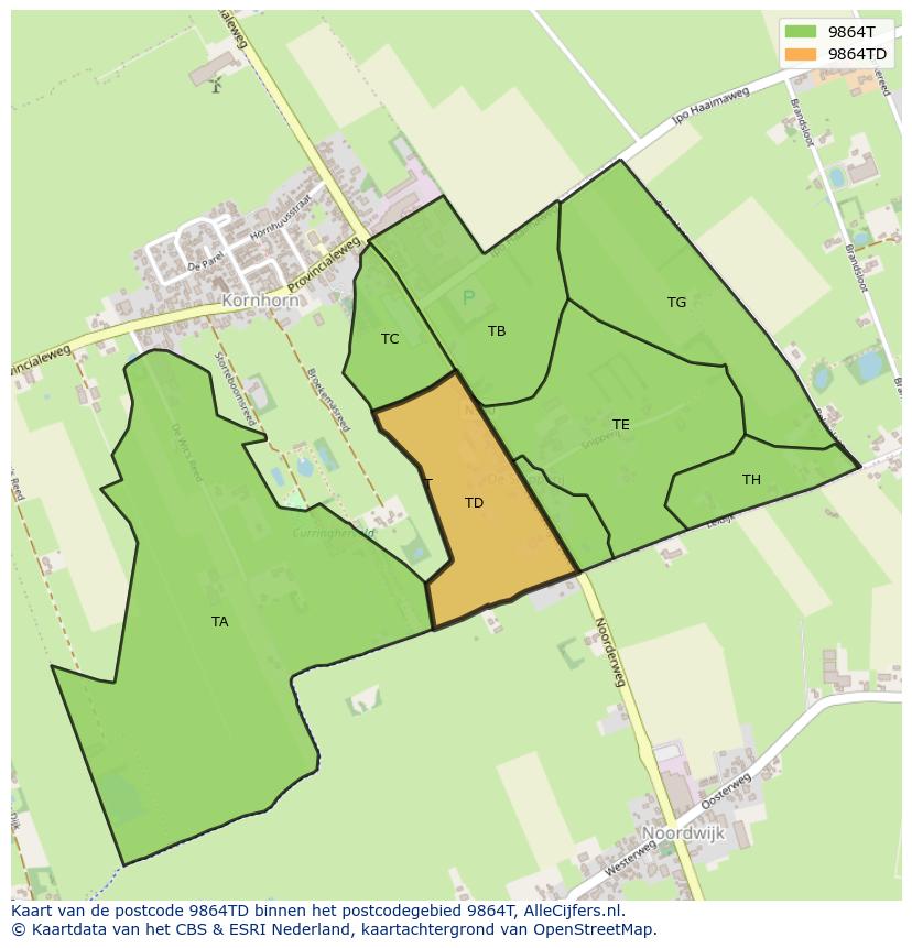 Afbeelding van het postcodegebied 9864 TD op de kaart.