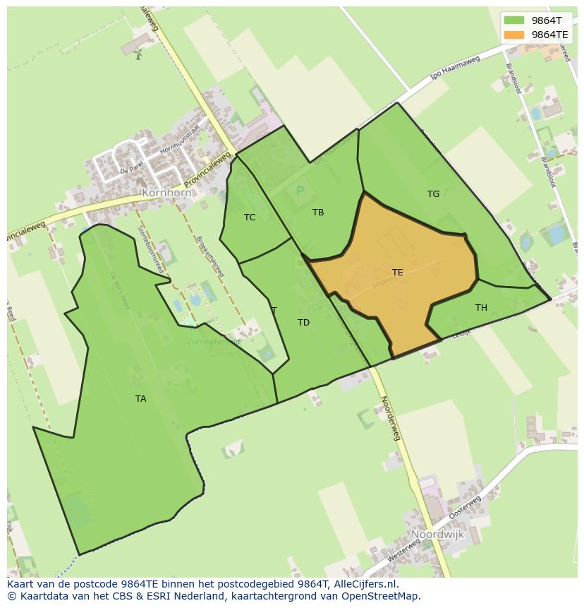 Afbeelding van het postcodegebied 9864 TE op de kaart.